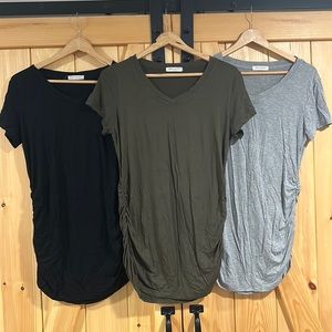 3 maternity shirts, black, gray, and olive.